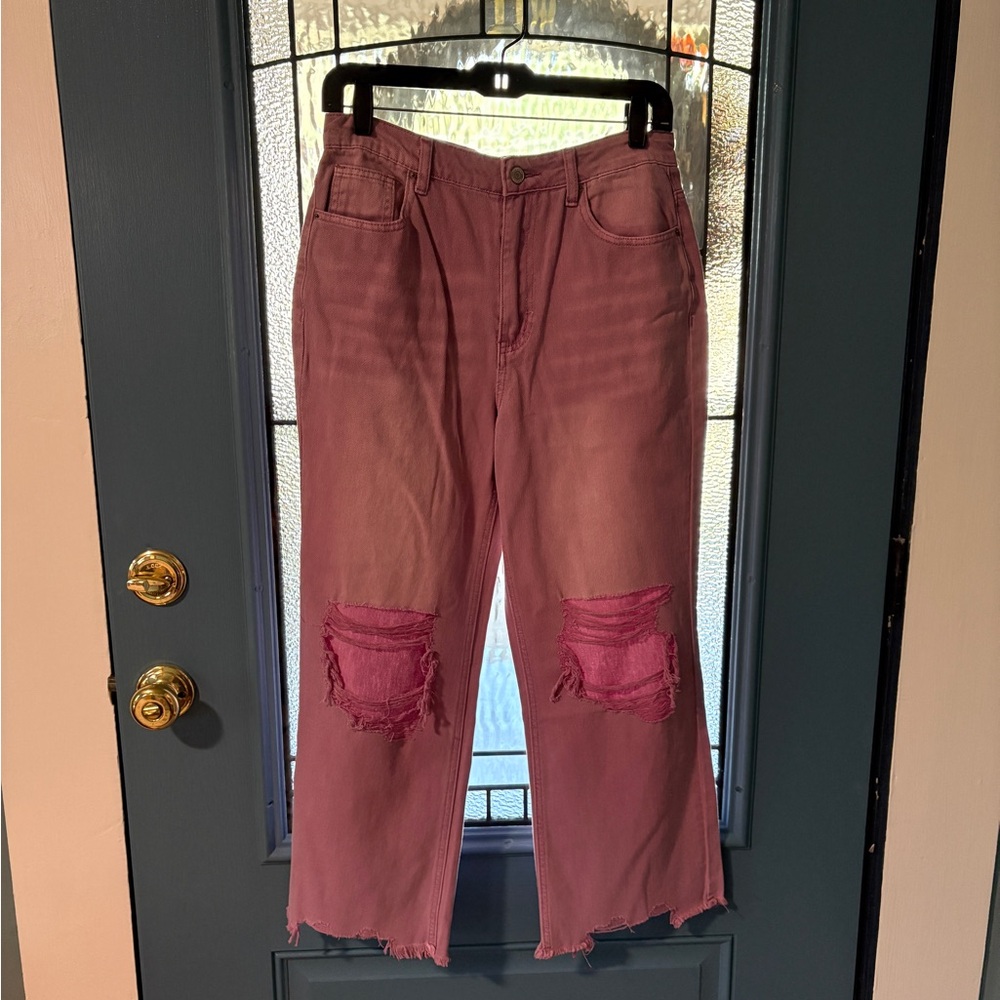 Zenana Outfitters Pink Distressed Flare Jeans